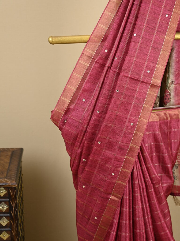 Tussar fancy saree pink color allover checks, mirror work with short zari border with printed pallu and blouse