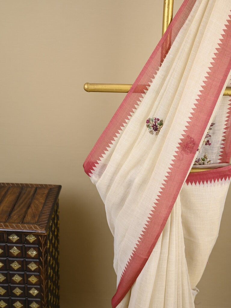 Lenin tissue embroidered fancy saree in cream color with embroidery pallu and matching blouse