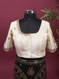 Pure raw silk maggam work blouse for women | Round neck | Cream color