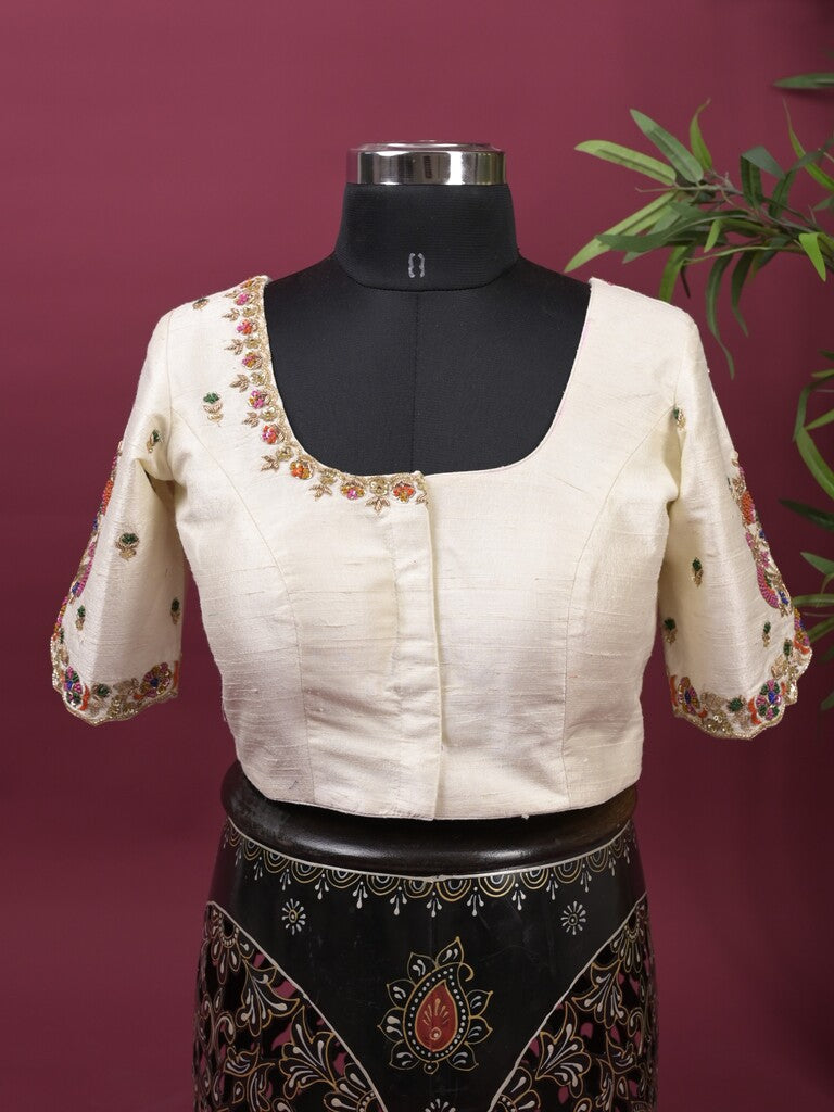 Pure raw silk maggam work blouse for women | Round neck | Cream color