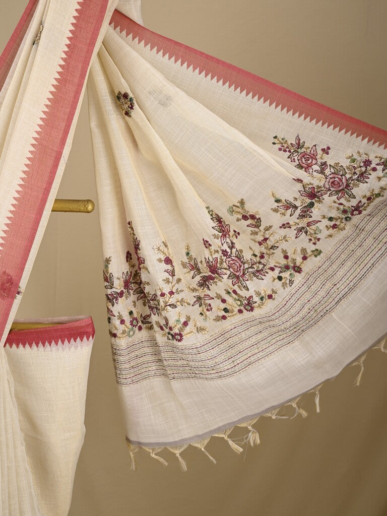 Lenin tissue embroidered fancy saree in cream color with embroidery pallu and matching blouse