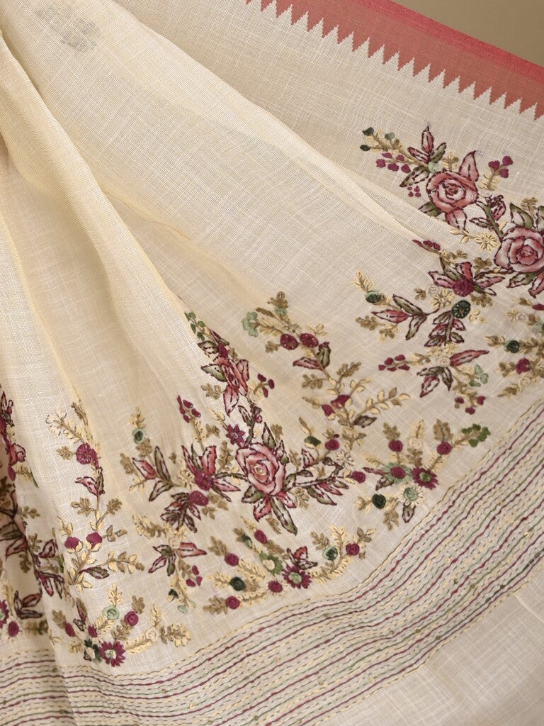 Lenin tissue embroidered fancy saree in cream color with embroidery pallu and matching blouse