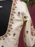 Pure raw silk maggam work blouse for women | Round neck | Cream color