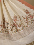 Lenin tissue embroidered fancy saree in cream color with embroidery pallu and matching blouse