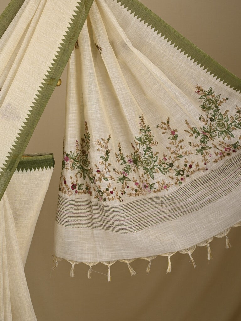 Lenin tissue embroidered fancy saree in cream color with embroidery pallu and matching blouse