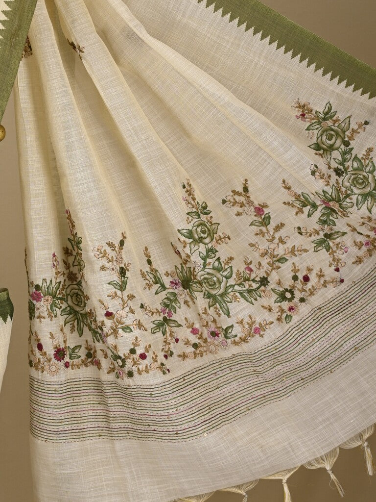 Lenin tissue embroidered fancy saree in cream color with embroidery pallu and matching blouse
