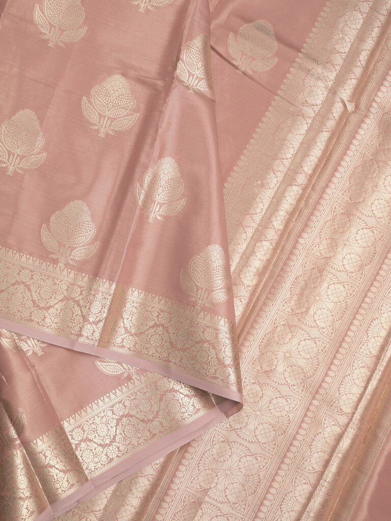 Banaras tissue fancy saree peach color allover weaves & zari border with rich pallu and self blouse