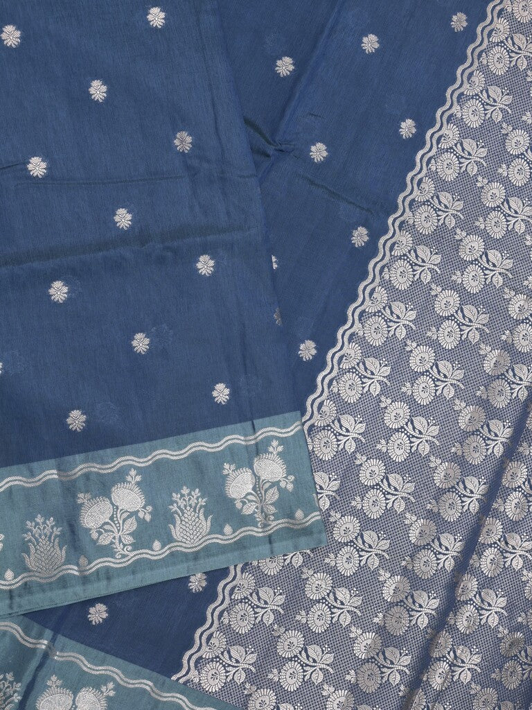 Raw mango fancy saree blue color allover zari weaves & zari border with zari pallu and attached plain blouse