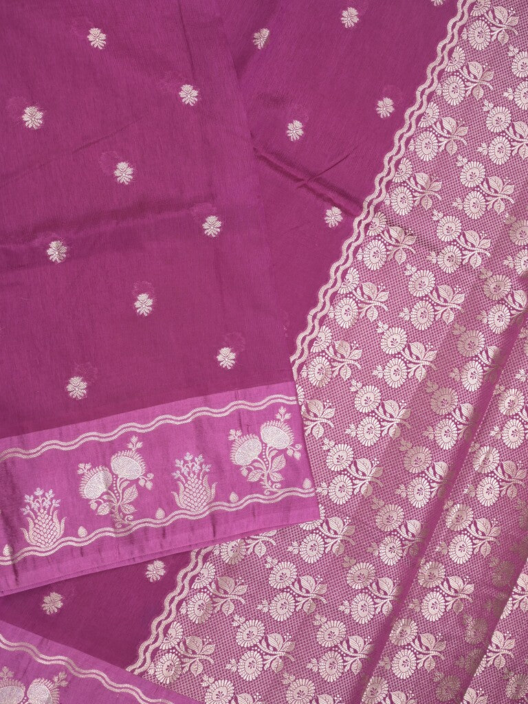 Raw mango fancy saree magenta color allover zari weaves & zari border with zari pallu and attached plain blouse