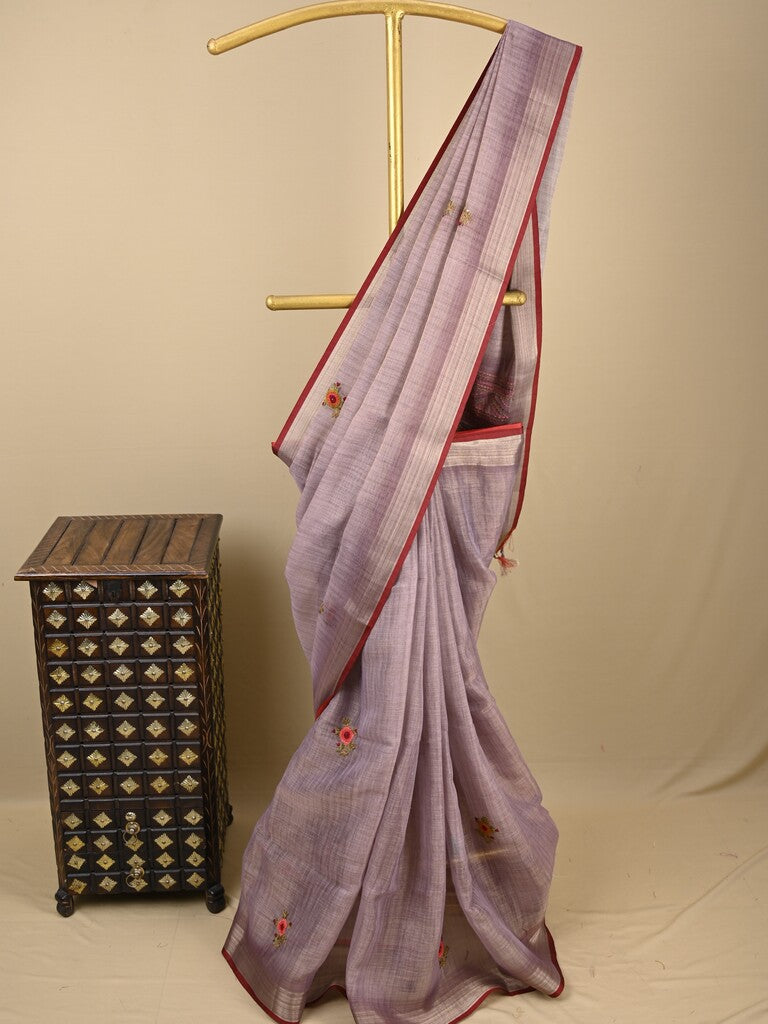Lenin tissue embroidered fancy saree in light purple color with embroidery pallu and matching blouse