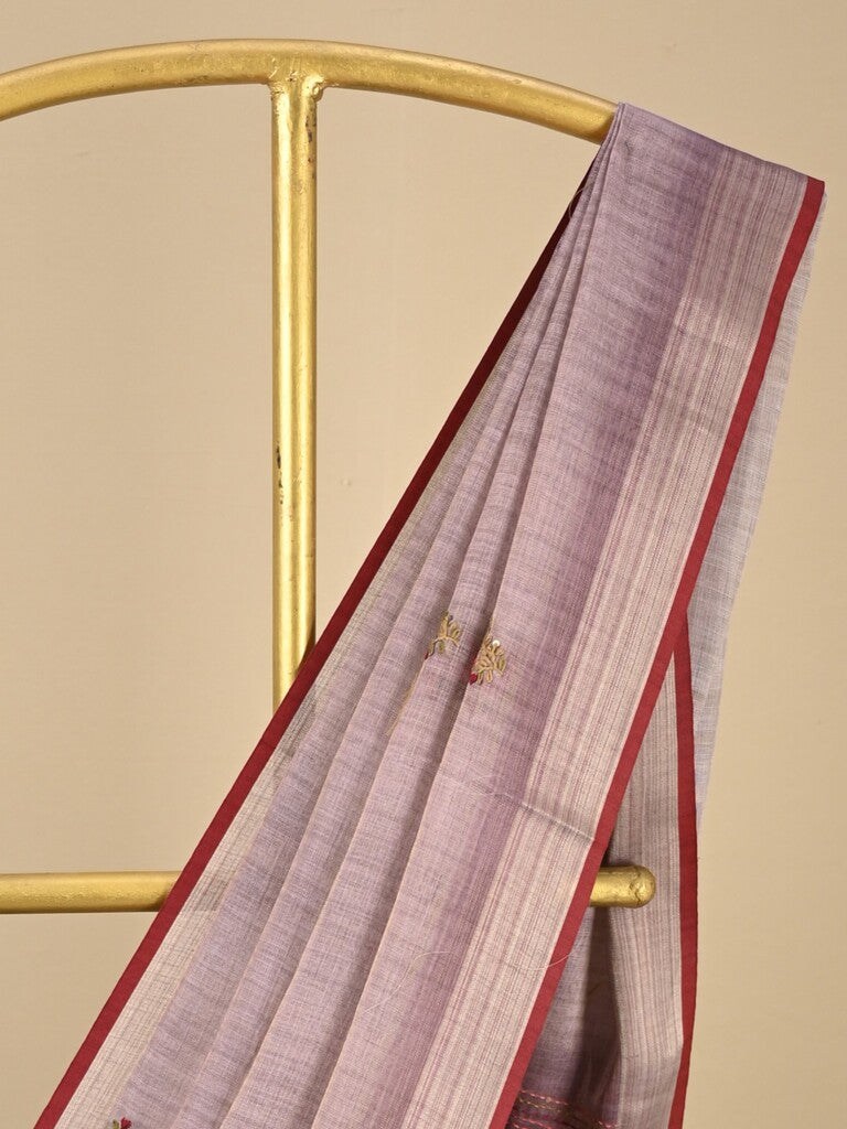 Lenin tissue embroidered fancy saree in light purple color with embroidery pallu and matching blouse