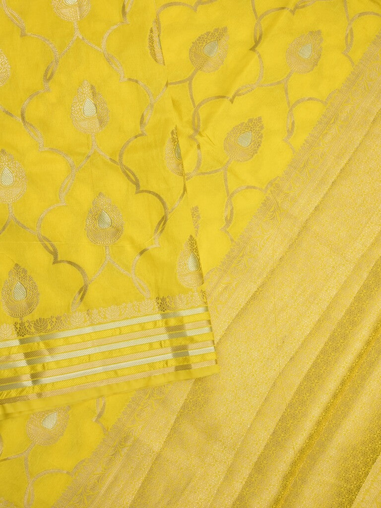 Raw mango fancy saree lemon yellow color allover zari weaves & zari border with brocade pallu and attached blouse