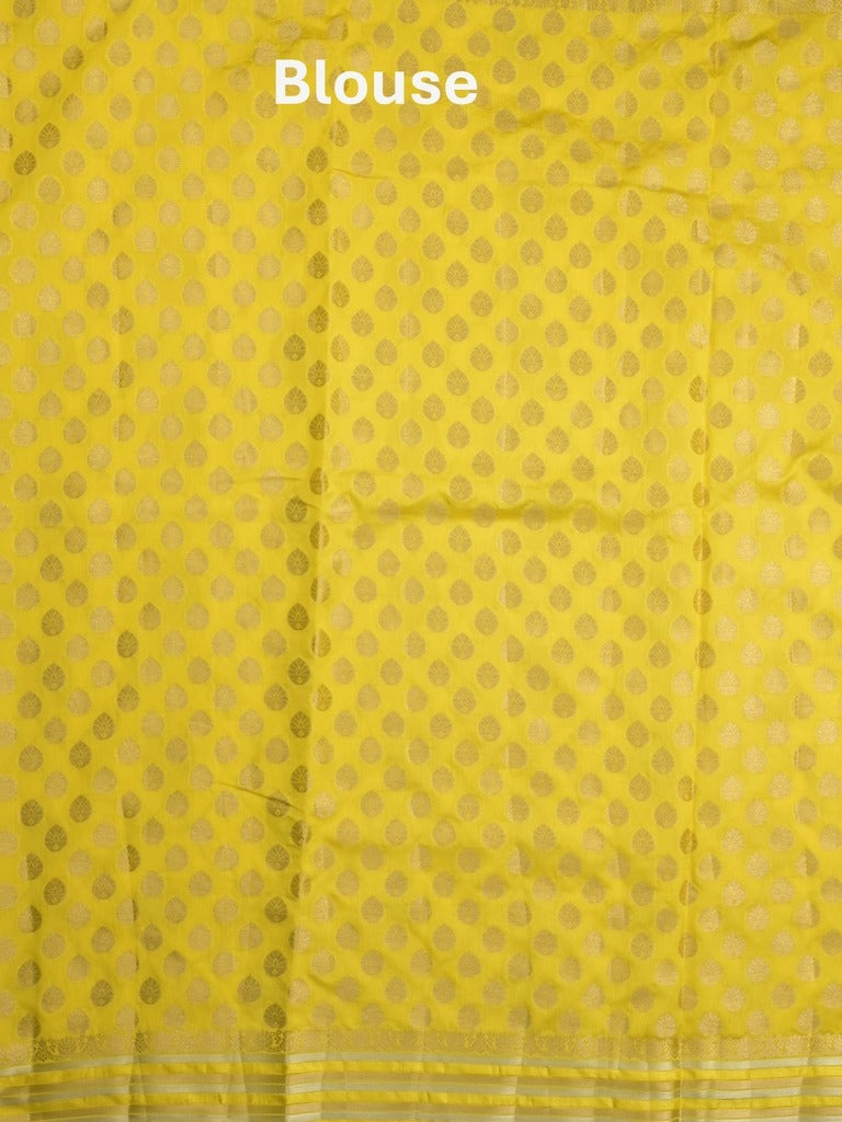Raw mango fancy saree lemon yellow color allover zari weaves & zari border with brocade pallu and attached blouse