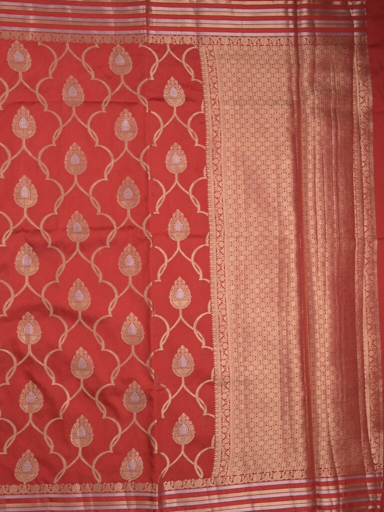 Raw mango fancy saree red color allover zari weaves & zari border with brocade pallu and attached blouse