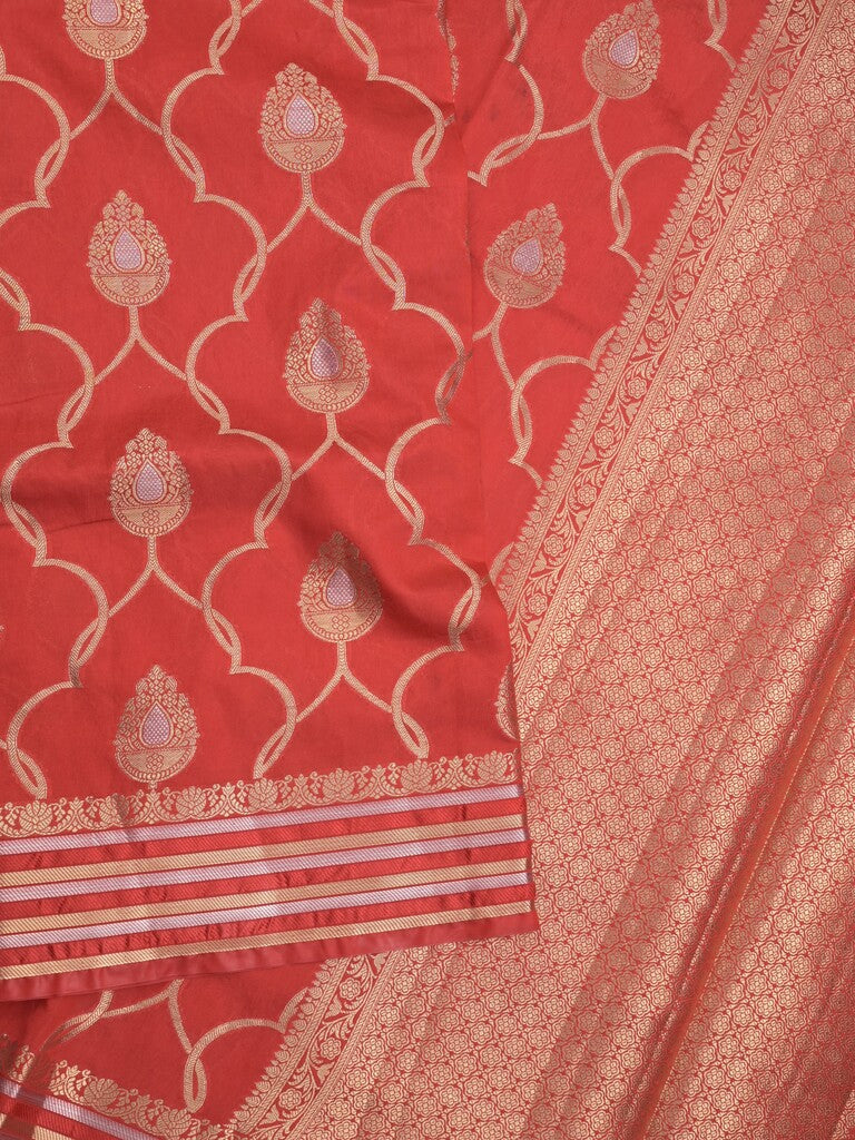 Raw mango fancy saree red color allover zari weaves & zari border with brocade pallu and attached blouse