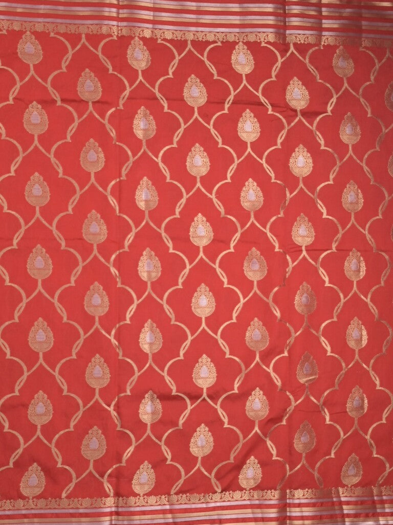 Raw mango fancy saree red color allover zari weaves & zari border with brocade pallu and attached blouse