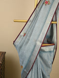 Lenin tissue embroidered fancy saree in light blue color with embroidery pallu and matching blouse