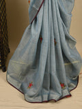 Lenin tissue embroidered fancy saree in light blue color with embroidery pallu and matching blouse