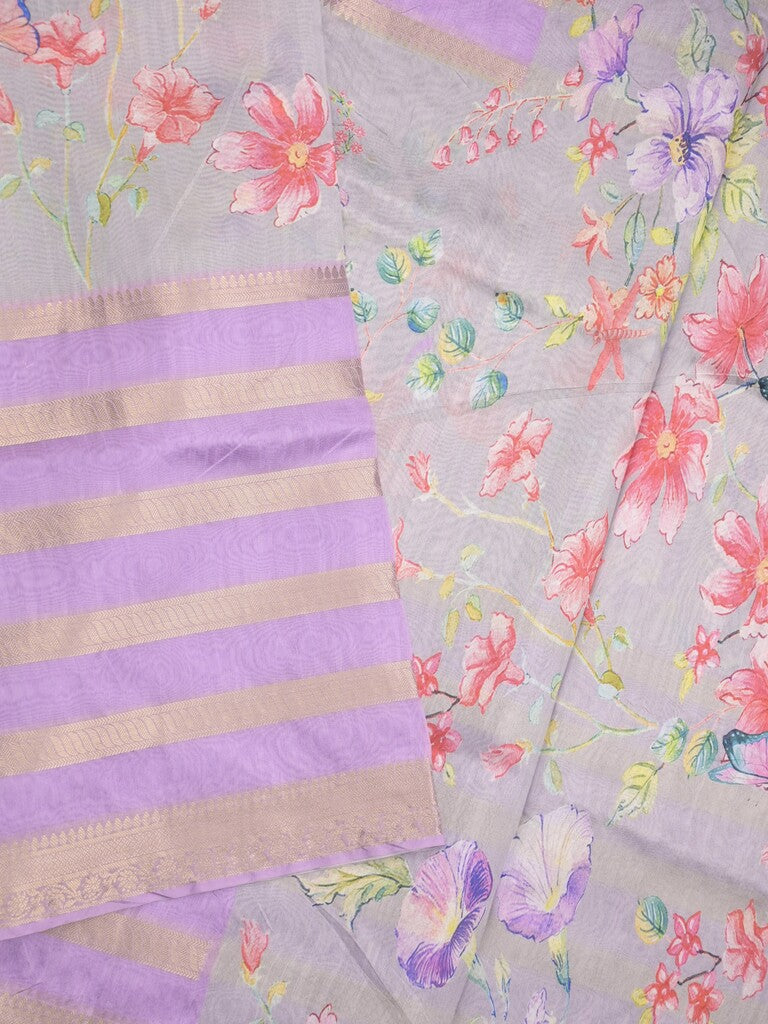 Chanderi fancy saree light purple color allover prints & zari border with printed pallu and contrast blouse