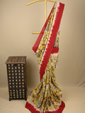 Kalamkari silk saree in yellow, featuring a contrast color border and plain matching blouse