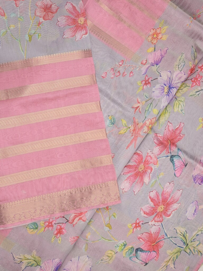 Chanderi fancy saree light pink color allover prints & zari border with printed pallu and contrast blouse