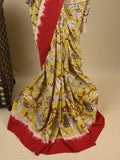 Kalamkari silk saree in yellow, featuring a contrast color border and plain matching blouse