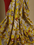 Kalamkari silk saree in yellow, featuring a contrast color border and plain matching blouse