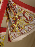 Kalamkari silk saree in yellow, featuring a contrast color border and plain matching blouse
