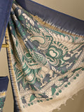Kalamkari silk saree in blue, featuring a contrast color border and plain matching blouse