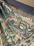 Kalamkari silk saree in blue, featuring a contrast color border and plain matching blouse