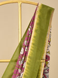 Kalamkari silk saree in pink, featuring a contrast color border and plain matching blouse