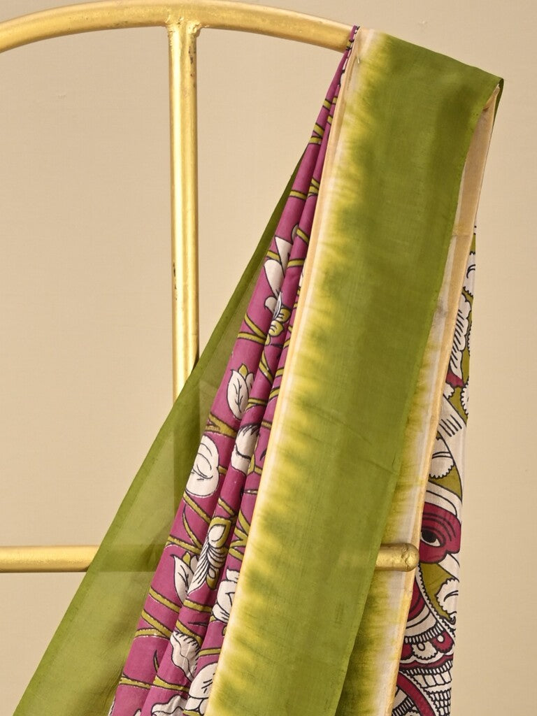 Kalamkari silk saree in pink, featuring a contrast color border and plain matching blouse