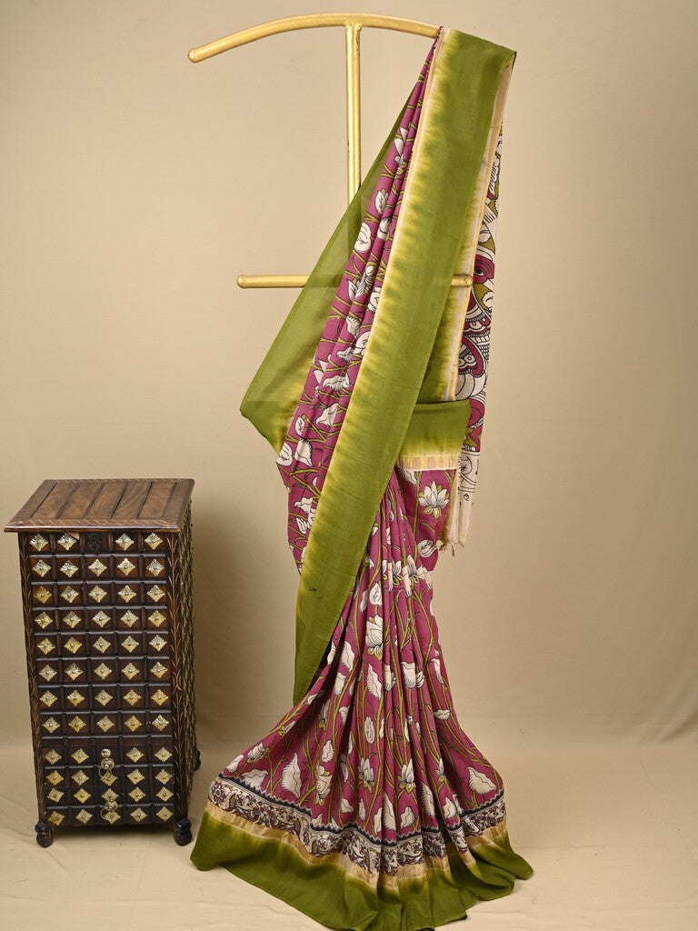 Kalamkari silk saree in pink, featuring a contrast color border and plain matching blouse