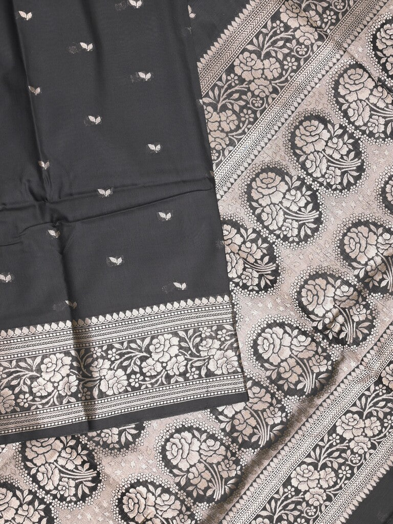 Maheshwari fancy saree black color allover zari motifs & zari border with rich pallu and plain blouse
