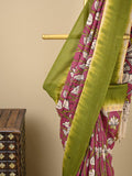 Kalamkari silk saree in pink, featuring a contrast color border and plain matching blouse