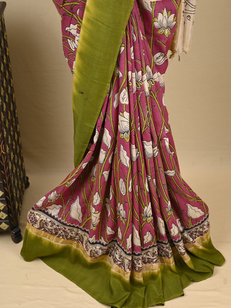 Kalamkari silk saree in pink, featuring a contrast color border and plain matching blouse
