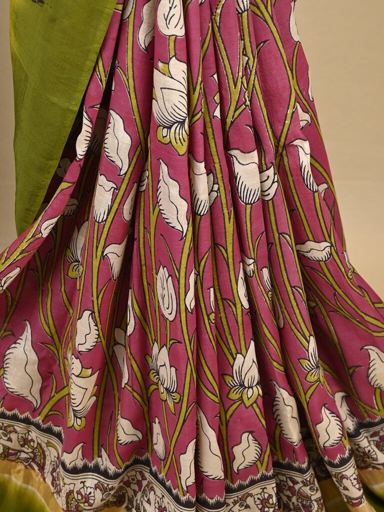 Kalamkari silk saree in pink, featuring a contrast color border and plain matching blouse