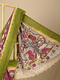 Kalamkari silk saree in pink, featuring a contrast color border and plain matching blouse