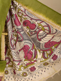 Kalamkari silk saree in pink, featuring a contrast color border and plain matching blouse