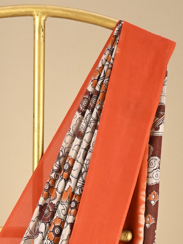 Kalamkari silk saree in white, featuring a contrast color border and plain matching blouse