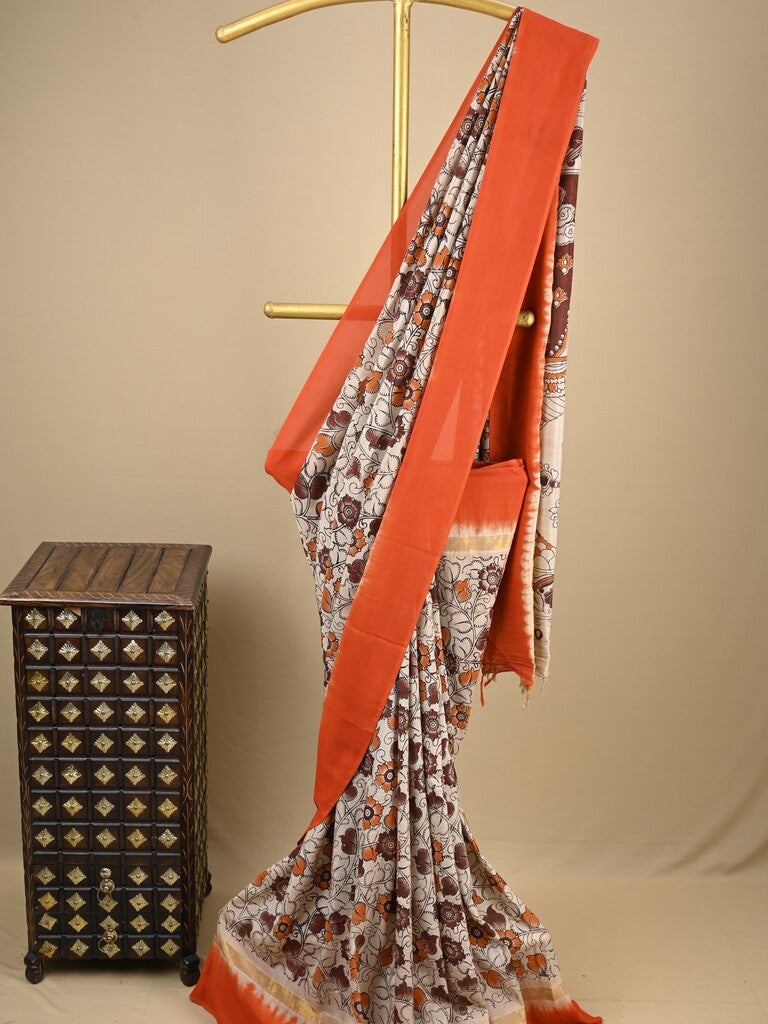 Kalamkari silk saree in white, featuring a contrast color border and plain matching blouse