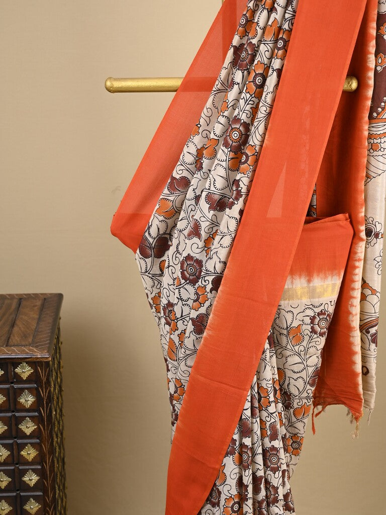 Kalamkari silk saree in white, featuring a contrast color border and plain matching blouse