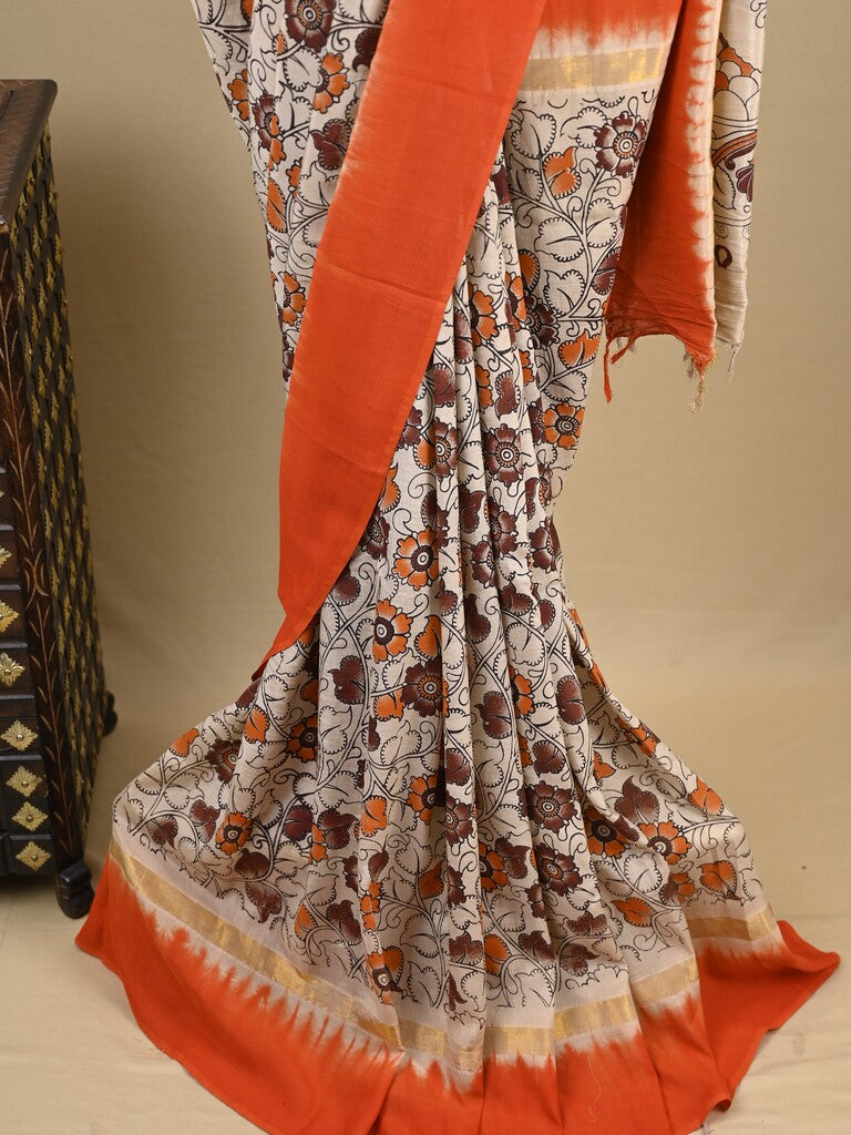 Kalamkari silk saree in white, featuring a contrast color border and plain matching blouse