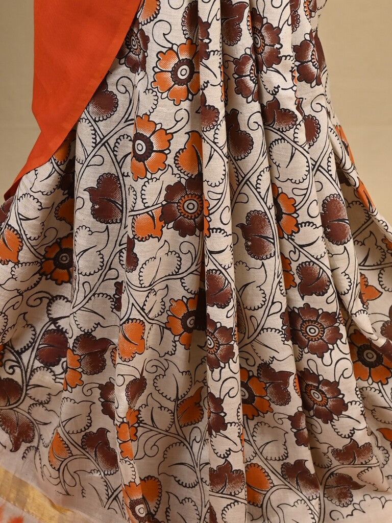 Kalamkari silk saree in white, featuring a contrast color border and plain matching blouse