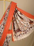 Kalamkari silk saree in white, featuring a contrast color border and plain matching blouse