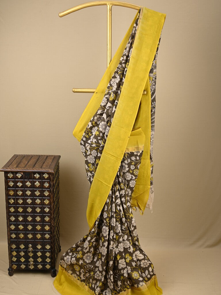 Kalamkari silk saree in brown, featuring a contrast color border and plain matching blouse