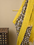 Kalamkari silk saree in brown, featuring a contrast color border and plain matching blouse