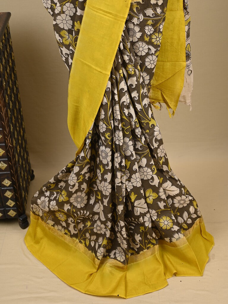 Kalamkari silk saree in brown, featuring a contrast color border and plain matching blouse