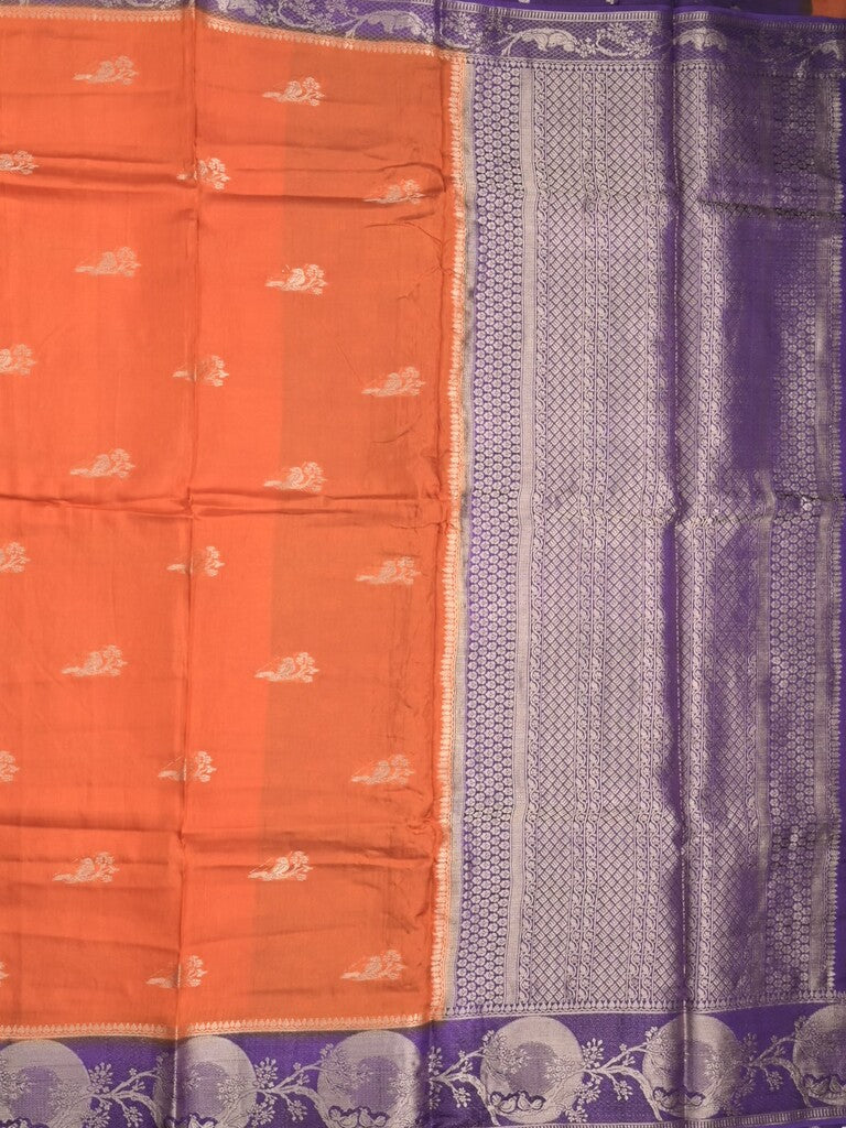 Tabby silk fancy saree orange color allover zari motifs & zari border with rich pallu and contrast blouse