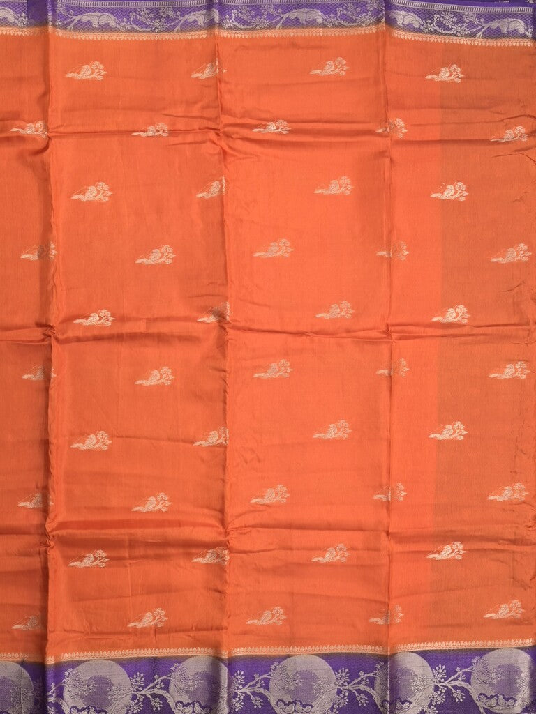 Tabby silk fancy saree orange color allover zari motifs & zari border with rich pallu and contrast blouse